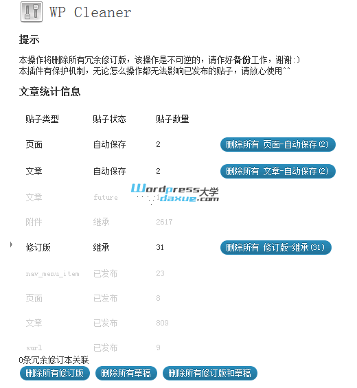 WordPress删除修订版和草稿的插件：WP Cleaner WordPress网站维护 wordpress教程 第1张